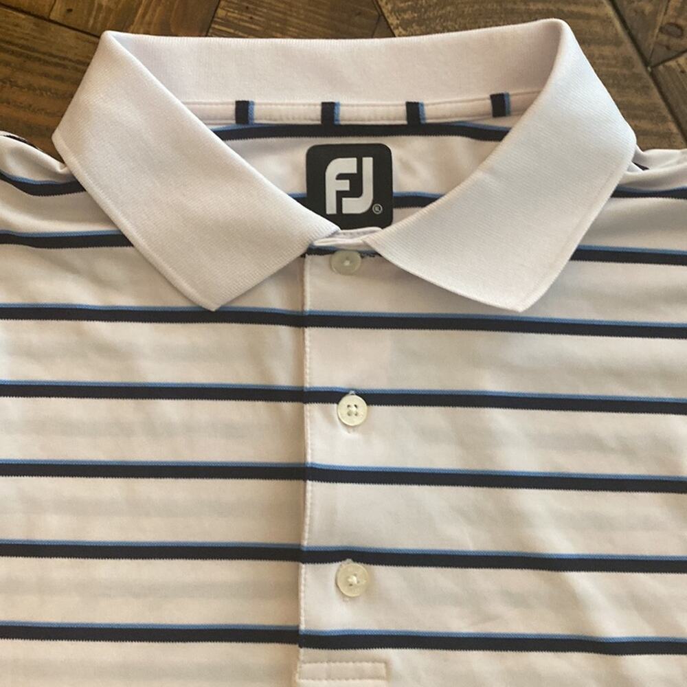 Mens Footjoy Golf Polo. White with Cyan Navy Stripes. Size XL. - Picture 2 of 8